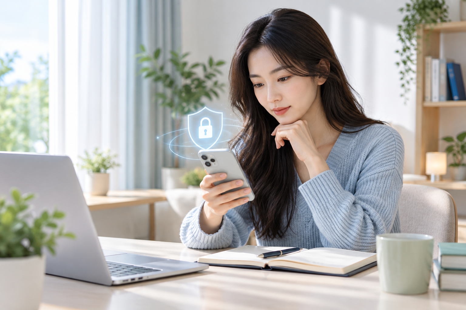 成年女性使用手機檢查線上預約資訊與個資安全