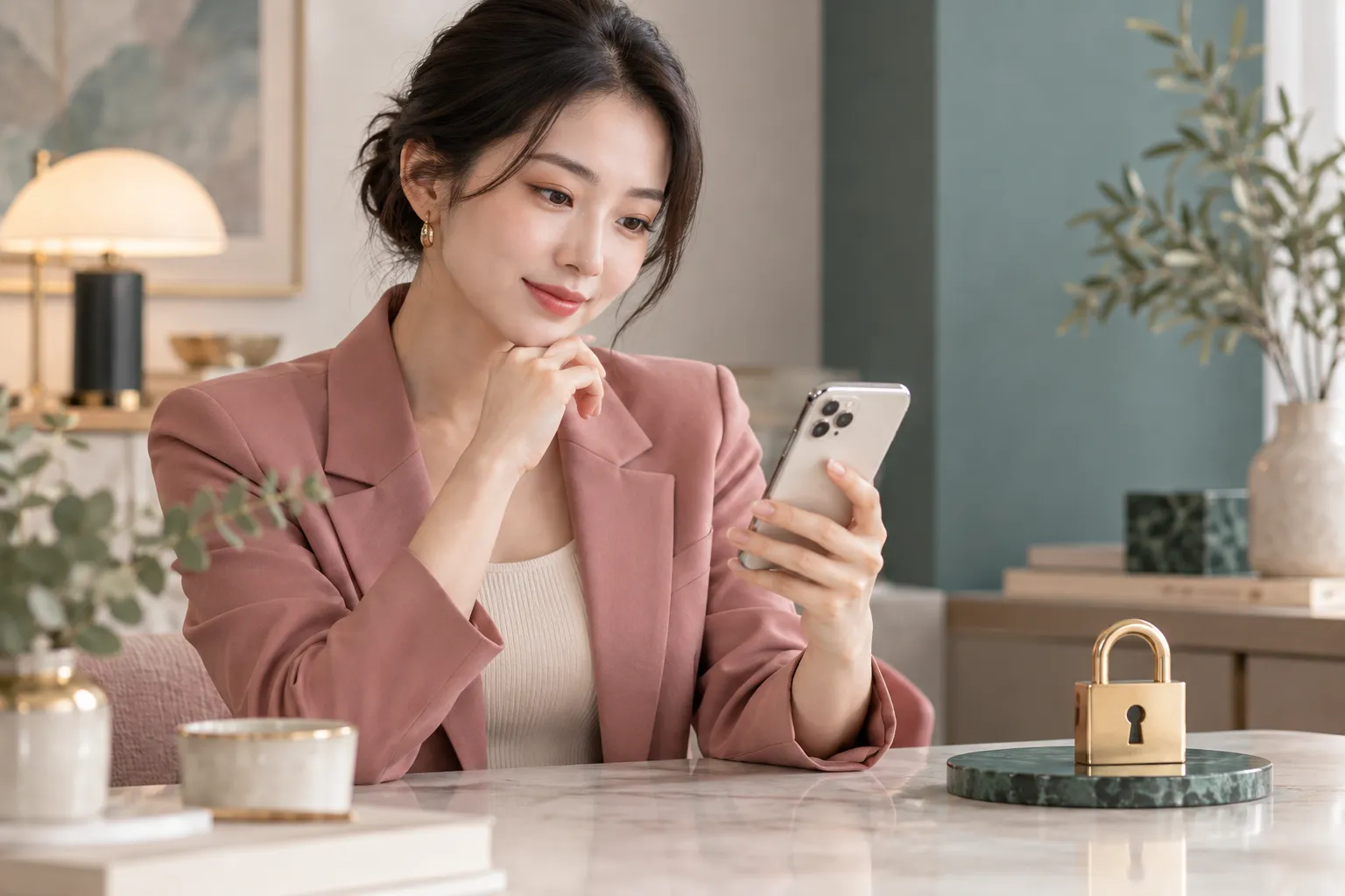 成年亞洲女性使用手機確認隱私設定,桌面擺有象徵安全的鎖具
