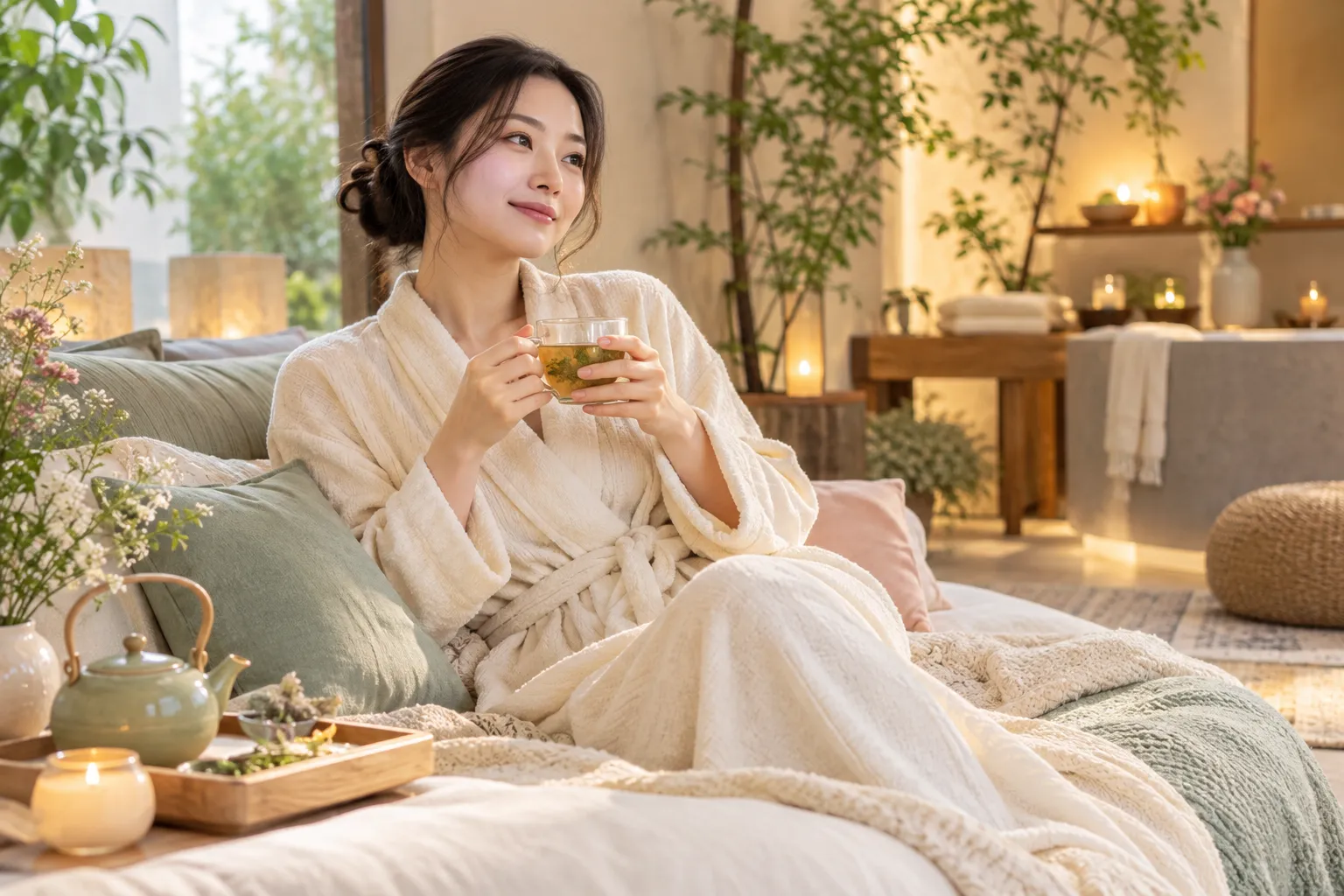 成年亞洲女性穿著完整居家浴袍,在溫暖舒適空間喝茶放鬆